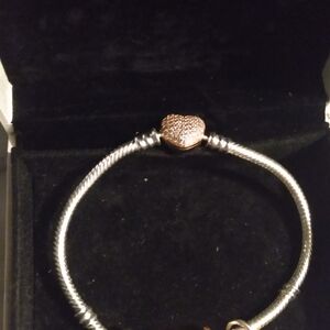 Pandora Silver and Rose Gold Charm Bracelet with Heart Clasp & 4 Pandora Charms